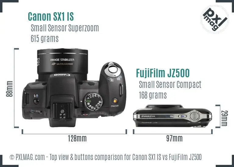 Canon SX1 IS vs FujiFilm JZ500 top view buttons comparison Canon SX1 IS vs FujiFilm JZ500 top view buttons comparison