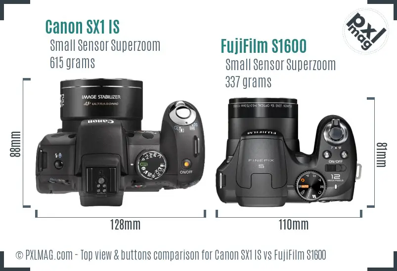 Canon SX1 IS vs FujiFilm S1600 top view buttons comparison