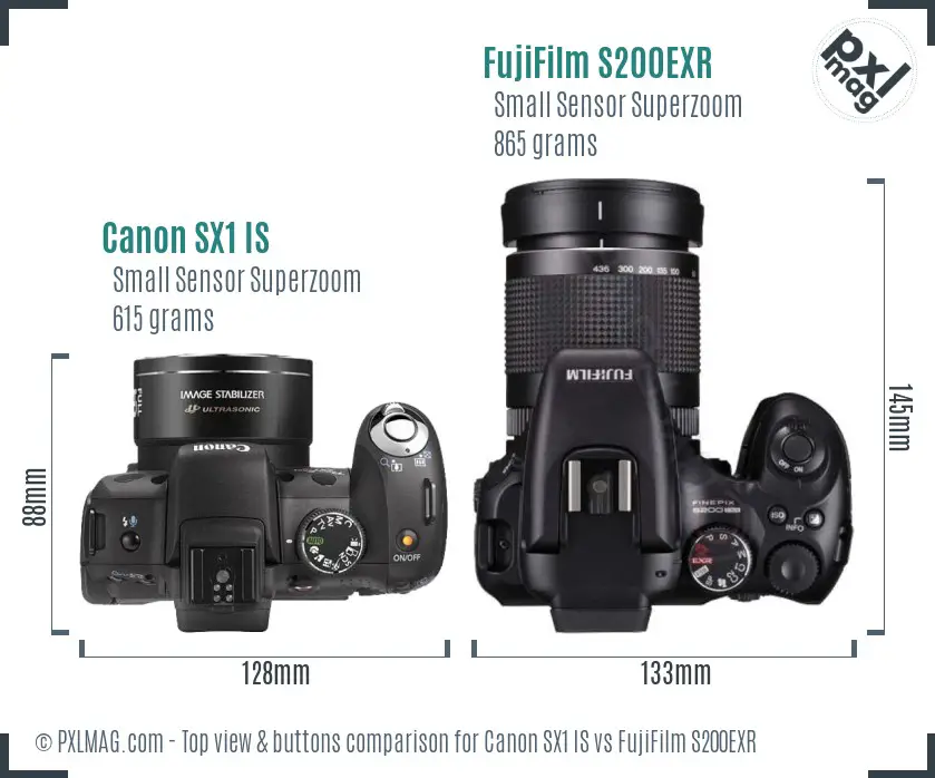 Canon SX1 IS vs FujiFilm S200EXR top view buttons comparison