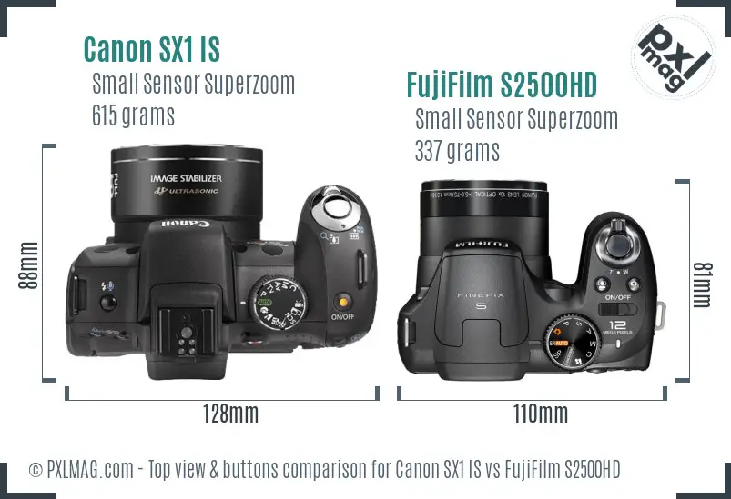 Canon SX1 IS vs FujiFilm S2500HD top view buttons comparison