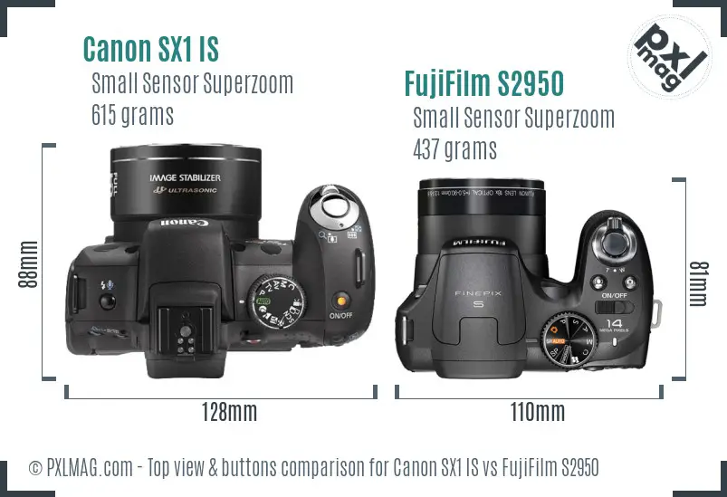 Canon SX1 IS vs FujiFilm S2950 top view buttons comparison