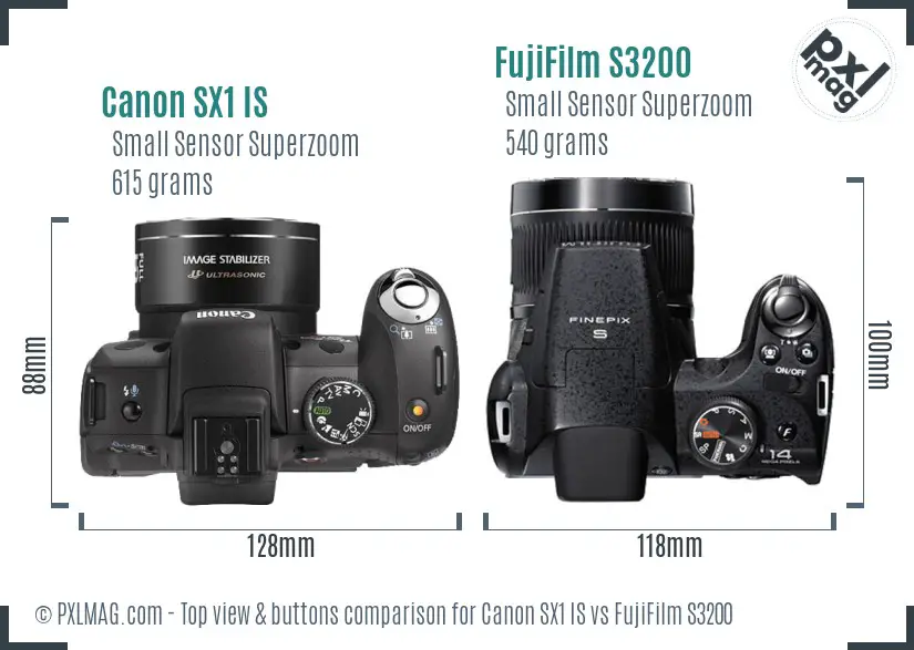 Canon SX1 IS vs FujiFilm S3200 top view buttons comparison Canon SX1 IS vs FujiFilm S3200 top view buttons comparison