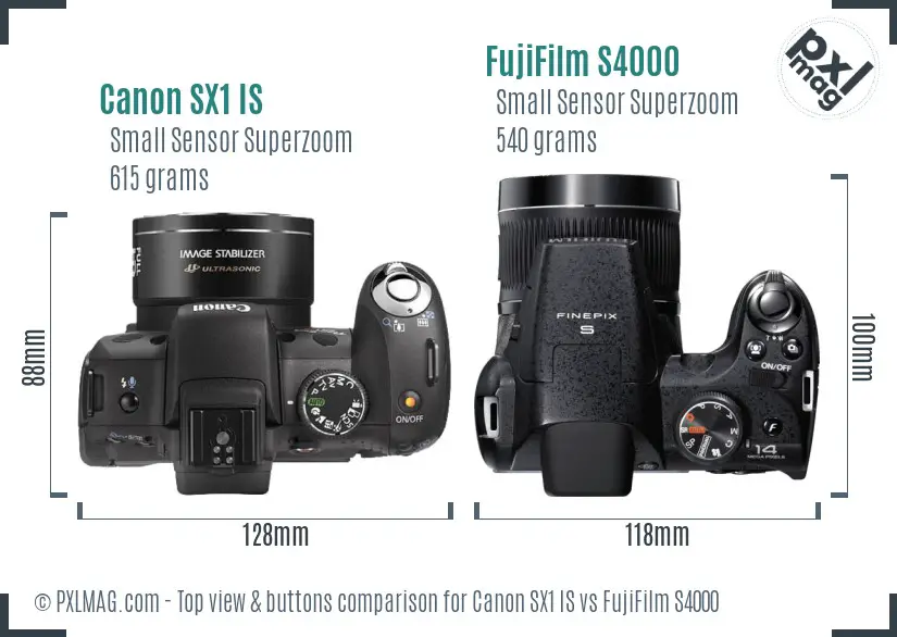 Canon SX1 IS vs FujiFilm S4000 top view buttons comparison