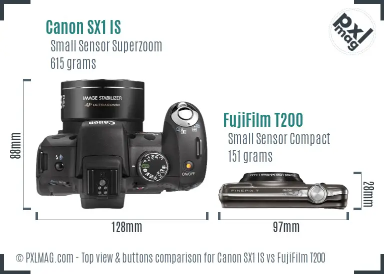 Canon SX1 IS vs FujiFilm T200 top view buttons comparison Canon SX1 IS vs FujiFilm T200 top view buttons comparison