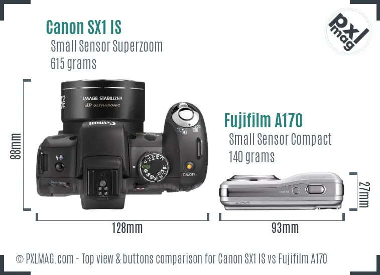 Canon SX1 IS vs Fujifilm A170 top view buttons comparison Canon SX1 IS vs Fujifilm A170 top view buttons comparison