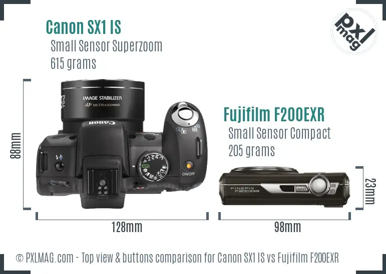 Canon SX1 IS vs Fujifilm F200EXR top view buttons comparison Canon SX1 IS vs Fujifilm F200EXR top view buttons comparison