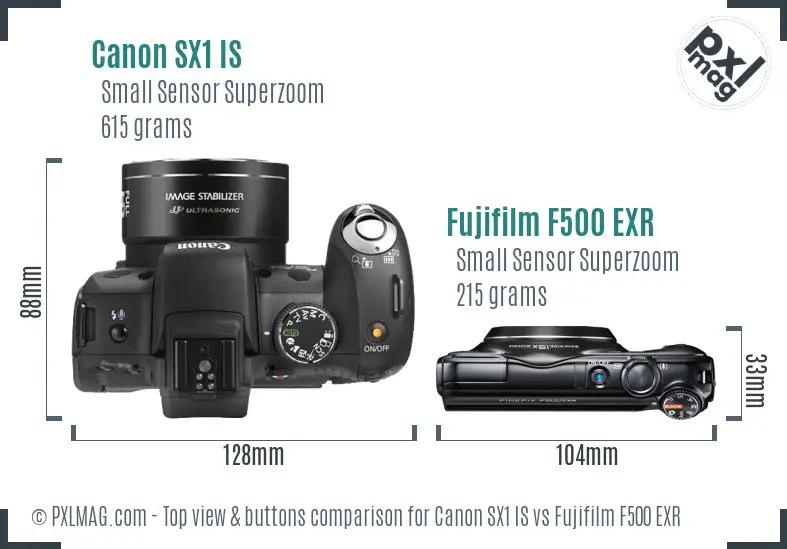 Canon SX1 IS vs Fujifilm F500 EXR top view buttons comparison