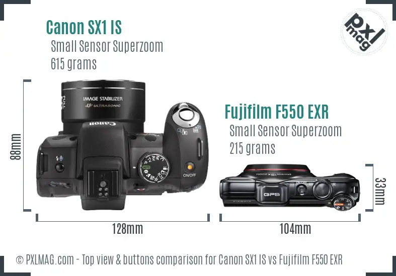 Canon SX1 IS vs Fujifilm F550 EXR top view buttons comparison