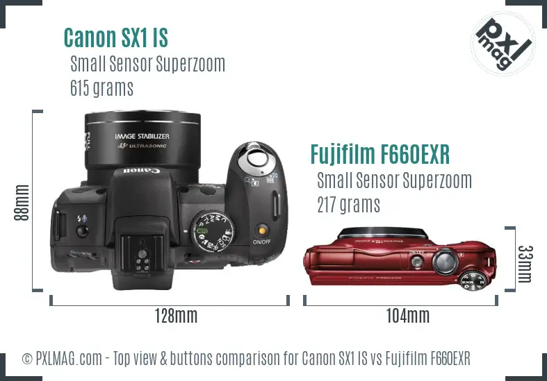 Canon SX1 IS vs Fujifilm F660EXR top view buttons comparison Canon SX1 IS vs Fujifilm F660EXR top view buttons comparison