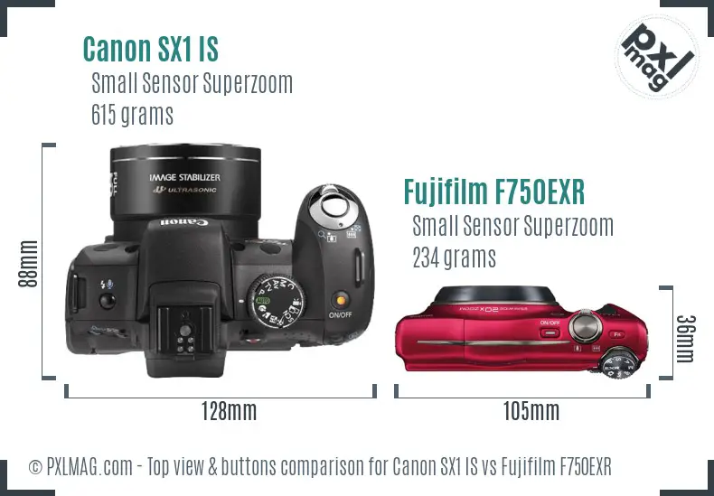 Canon SX1 IS vs Fujifilm F750EXR top view buttons comparison Canon SX1 IS vs Fujifilm F750EXR top view buttons comparison