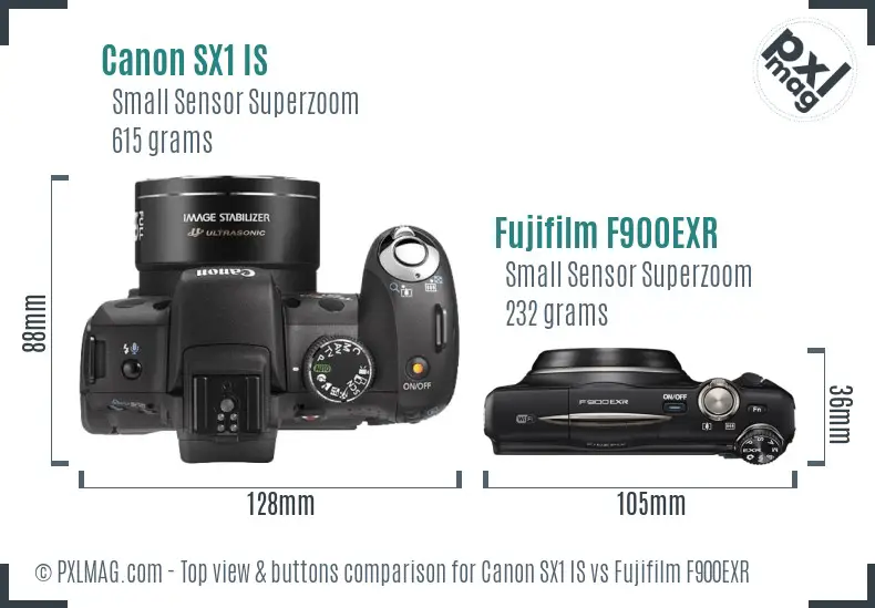 Canon SX1 IS vs Fujifilm F900EXR top view buttons comparison Canon SX1 IS vs Fujifilm F900EXR top view buttons comparison