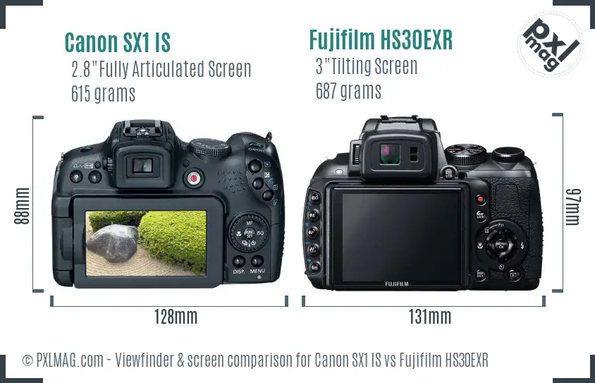 Canon SX1 IS vs Fujifilm HS30EXR Screen and Viewfinder comparison