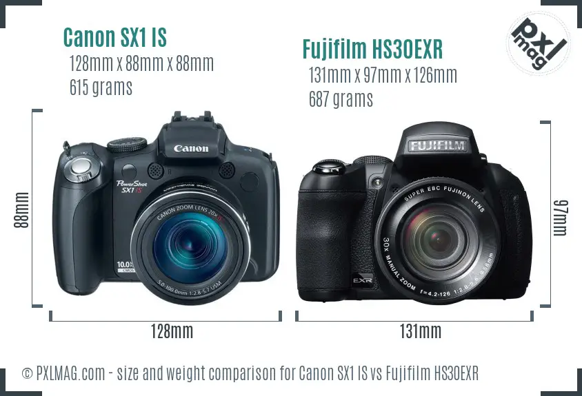 Canon SX1 IS vs Fujifilm HS30EXR size comparison Canon SX1 IS vs Fujifilm HS30EXR size comparison