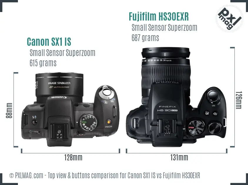 Canon SX1 IS vs Fujifilm HS30EXR top view buttons comparison