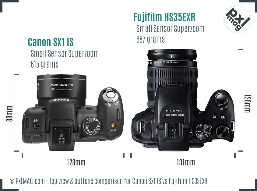 Canon SX1 IS vs Fujifilm HS35EXR top view buttons comparison