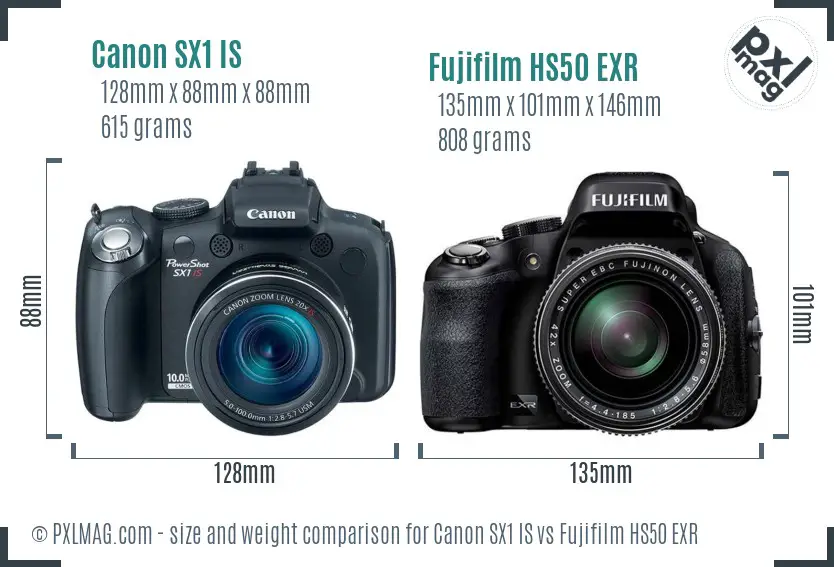 Canon SX1 IS vs Fujifilm HS50 EXR size comparison