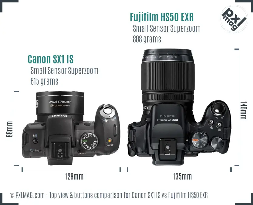Canon SX1 IS vs Fujifilm HS50 EXR top view buttons comparison