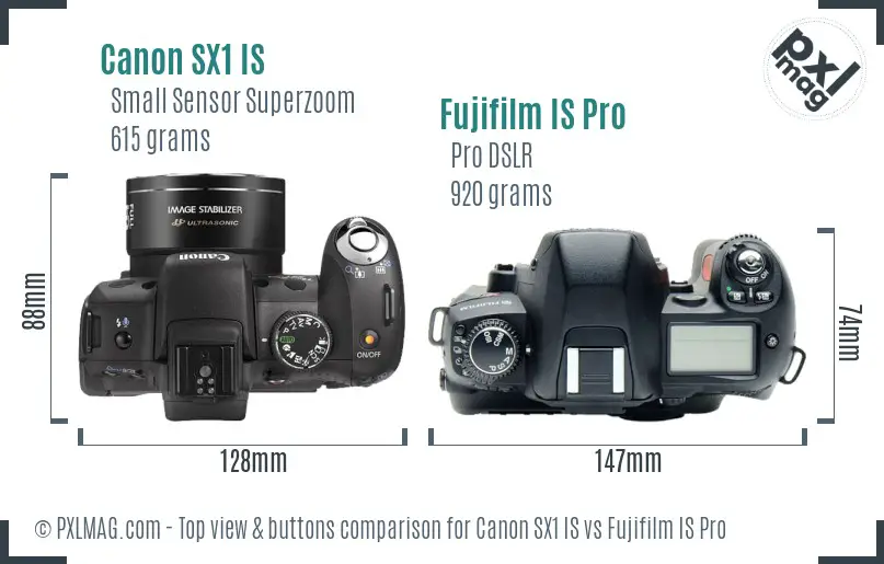 Canon SX1 IS vs Fujifilm IS Pro top view buttons comparison