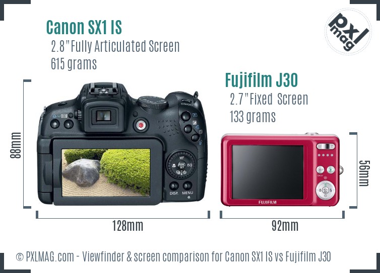 Canon SX1 IS vs Fujifilm J30 Screen and Viewfinder comparison