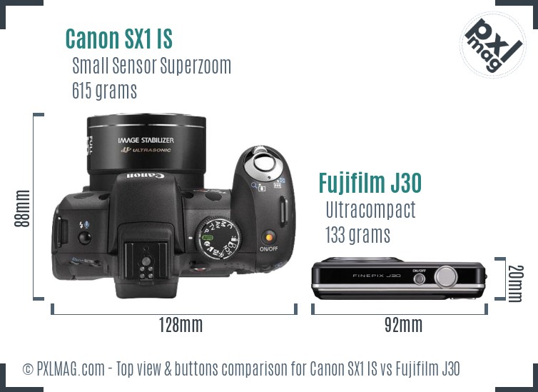 Canon SX1 IS vs Fujifilm J30 top view buttons comparison