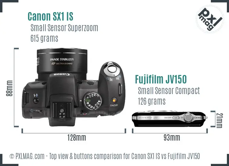 Canon SX1 IS vs Fujifilm JV150 top view buttons comparison
