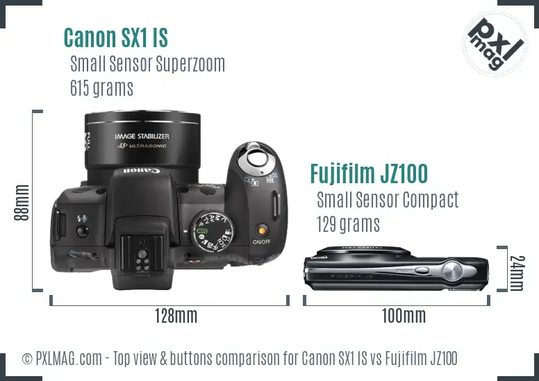 Canon SX1 IS vs Fujifilm JZ100 top view buttons comparison Canon SX1 IS vs Fujifilm JZ100 top view buttons comparison