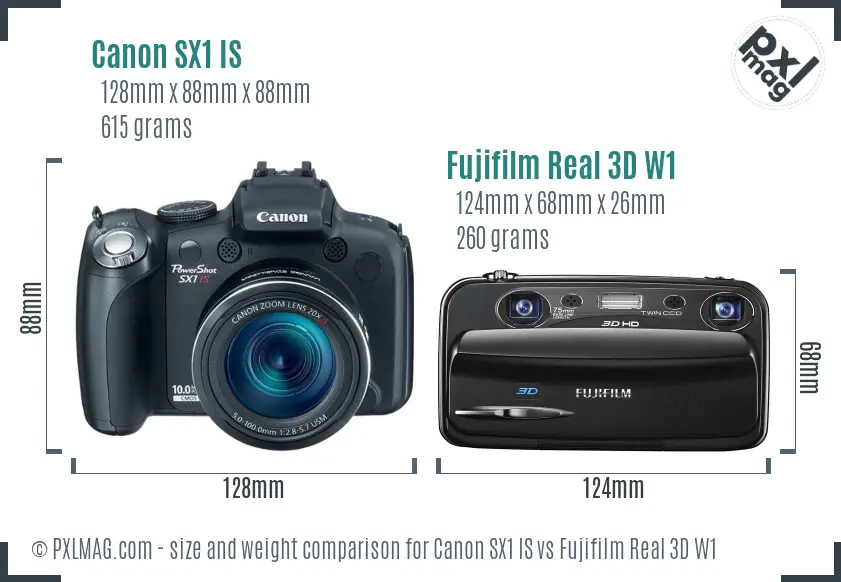Canon SX1 IS vs Fujifilm Real 3D W1 size comparison Canon SX1 IS vs Fujifilm Real 3D W1 size comparison