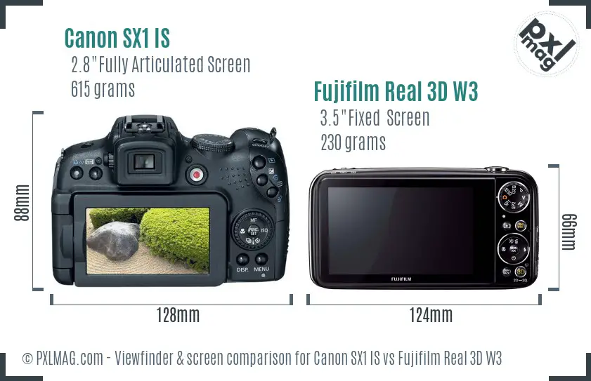 Canon SX1 IS vs Fujifilm Real 3D W3 Screen and Viewfinder comparison