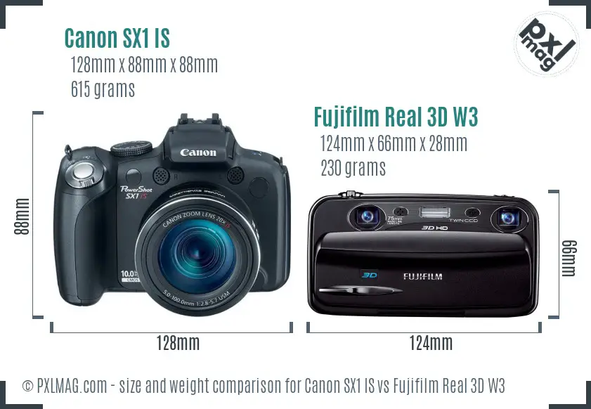 Canon SX1 IS vs Fujifilm Real 3D W3 size comparison