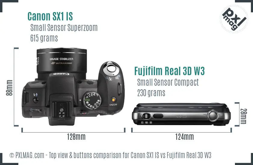 Canon SX1 IS vs Fujifilm Real 3D W3 top view buttons comparison