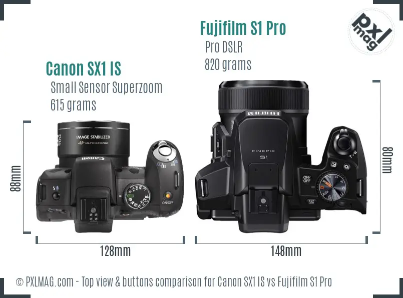 Canon SX1 IS vs Fujifilm S1 Pro top view buttons comparison