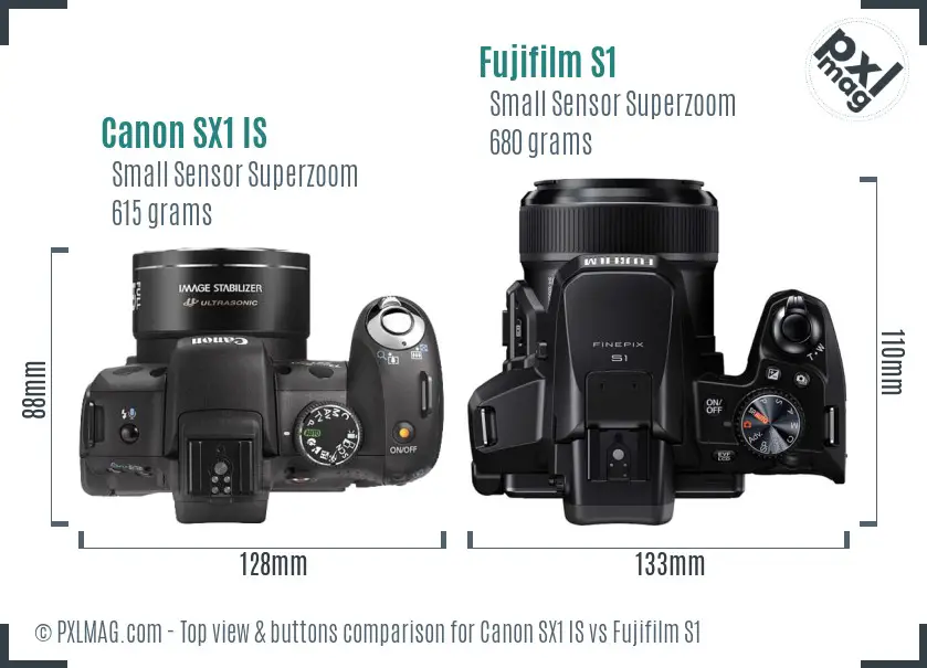 Canon SX1 IS vs Fujifilm S1 top view buttons comparison