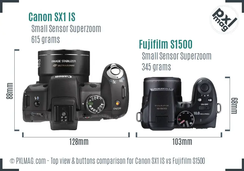 Canon SX1 IS vs Fujifilm S1500 top view buttons comparison