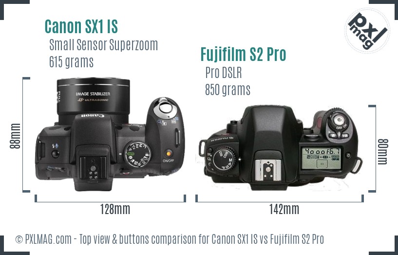 Canon SX1 IS vs Fujifilm S2 Pro top view buttons comparison