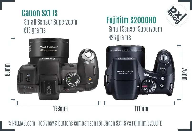 Canon SX1 IS vs Fujifilm S2000HD top view buttons comparison