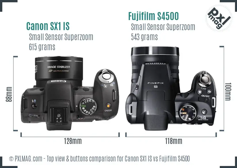 Canon SX1 IS vs Fujifilm S4500 top view buttons comparison