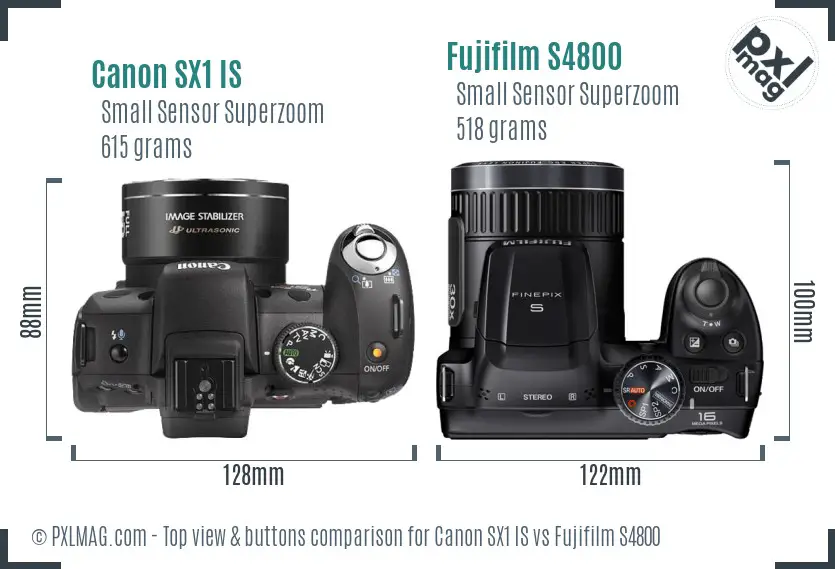 Canon SX1 IS vs Fujifilm S4800 top view buttons comparison Canon SX1 IS vs Fujifilm S4800 top view buttons comparison