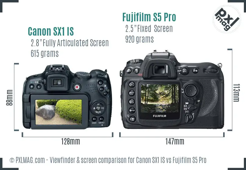 Canon SX1 IS vs Fujifilm S5 Pro Screen and Viewfinder comparison