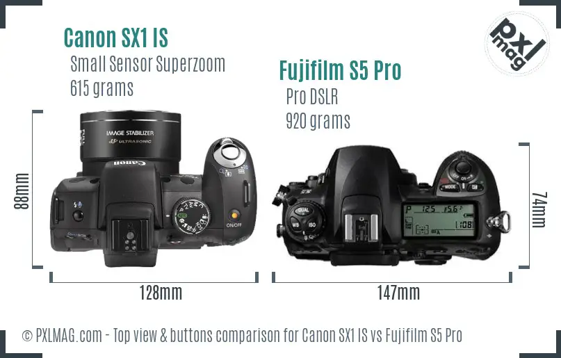 Canon SX1 IS vs Fujifilm S5 Pro top view buttons comparison