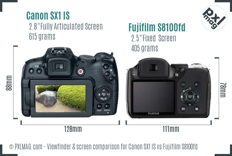 Canon SX1 IS vs Fujifilm S8100fd Screen and Viewfinder comparison