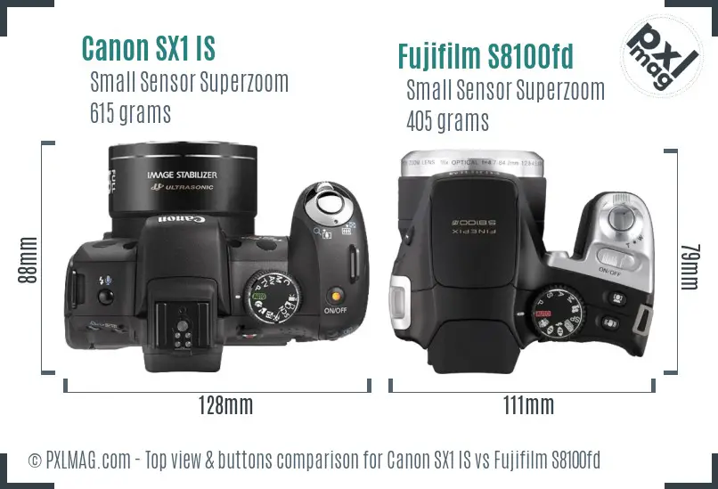Canon SX1 IS vs Fujifilm S8100fd top view buttons comparison