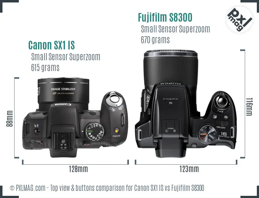 Canon SX1 IS vs Fujifilm S8300 top view buttons comparison