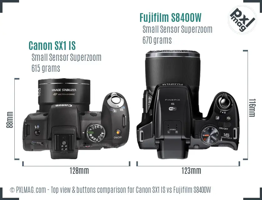 Canon SX1 IS vs Fujifilm S8400W top view buttons comparison