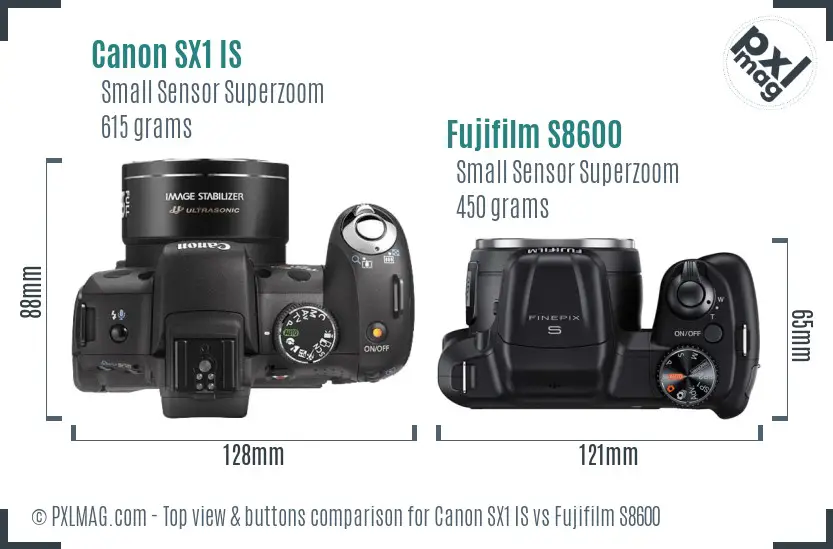 Canon SX1 IS vs Fujifilm S8600 top view buttons comparison