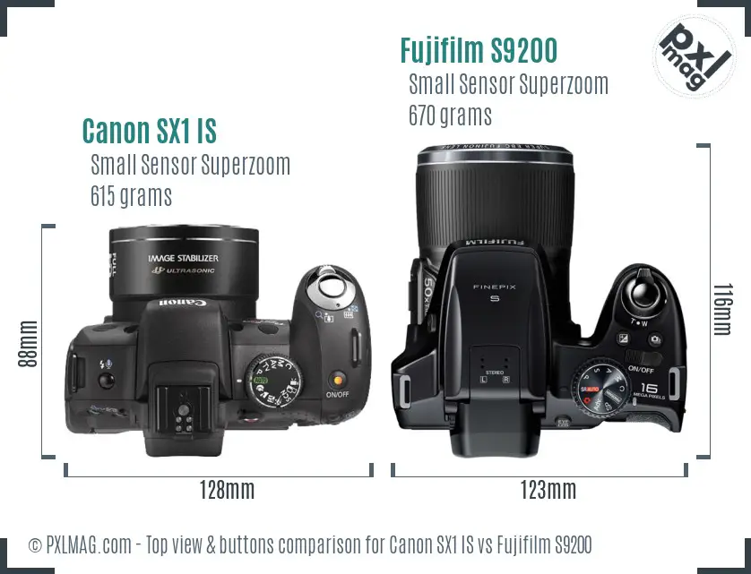 Canon SX1 IS vs Fujifilm S9200 top view buttons comparison Canon SX1 IS vs Fujifilm S9200 top view buttons comparison