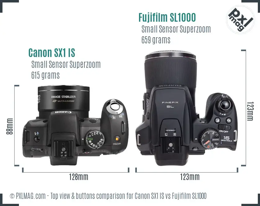 Canon SX1 IS vs Fujifilm SL1000 top view buttons comparison