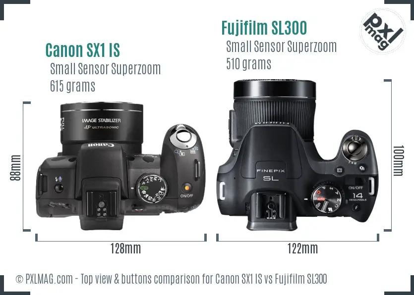 Canon SX1 IS vs Fujifilm SL300 top view buttons comparison