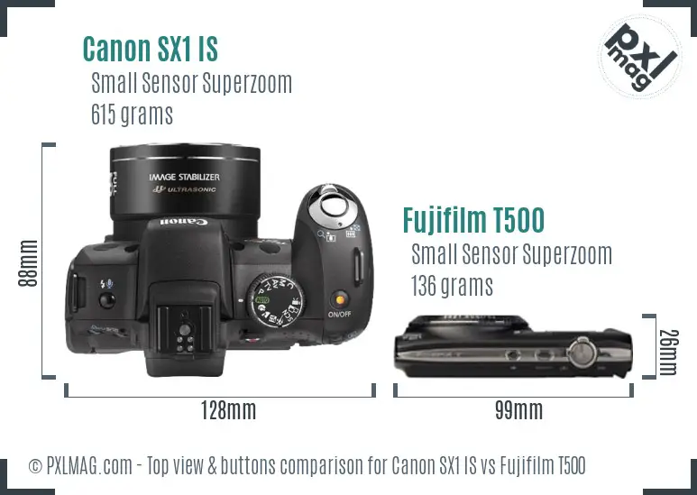 Canon SX1 IS vs Fujifilm T500 top view buttons comparison