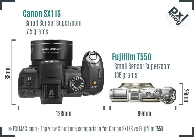 Canon SX1 IS vs Fujifilm T550 top view buttons comparison