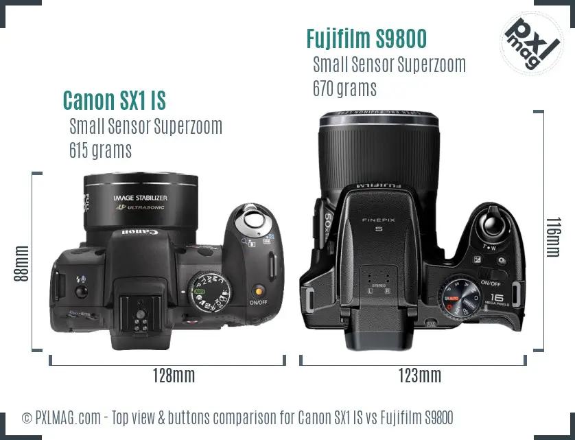 Canon SX1 IS vs Fujifilm S9800 top view buttons comparison